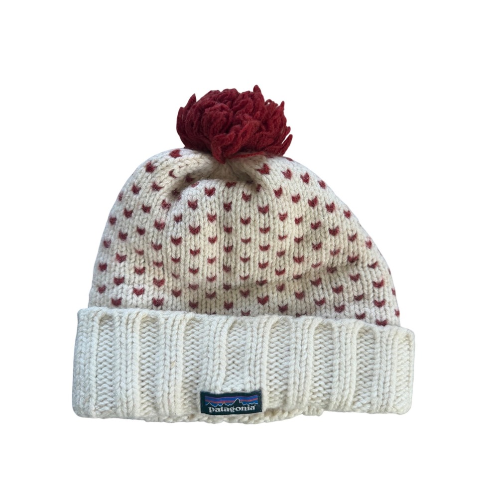 Patagonia Recycled Wool Pom Beanie Hat Cream Red Fair Isle Heart Fleece Lined